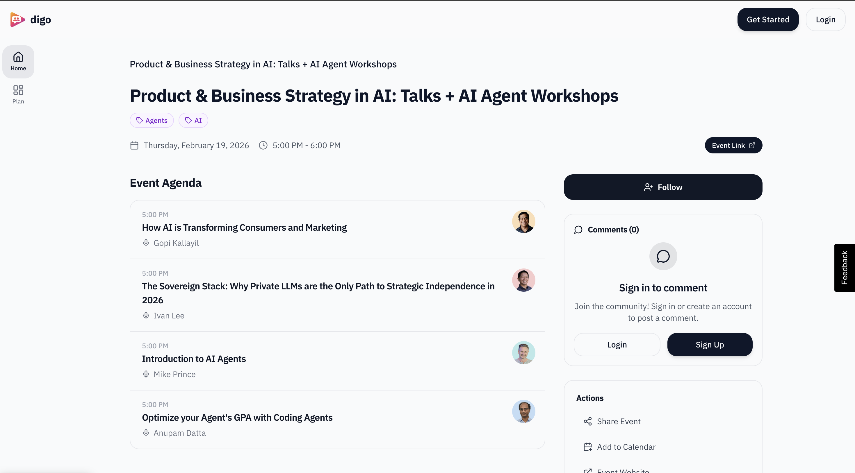Digo event detail and organizer dashboard view