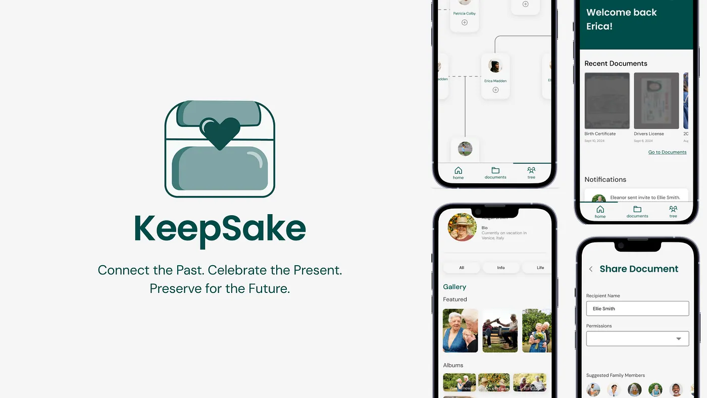 KeepSake app screens and family archive interface